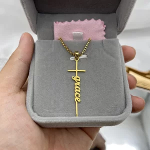 Personalized Cross Name Plate Necklace For Women