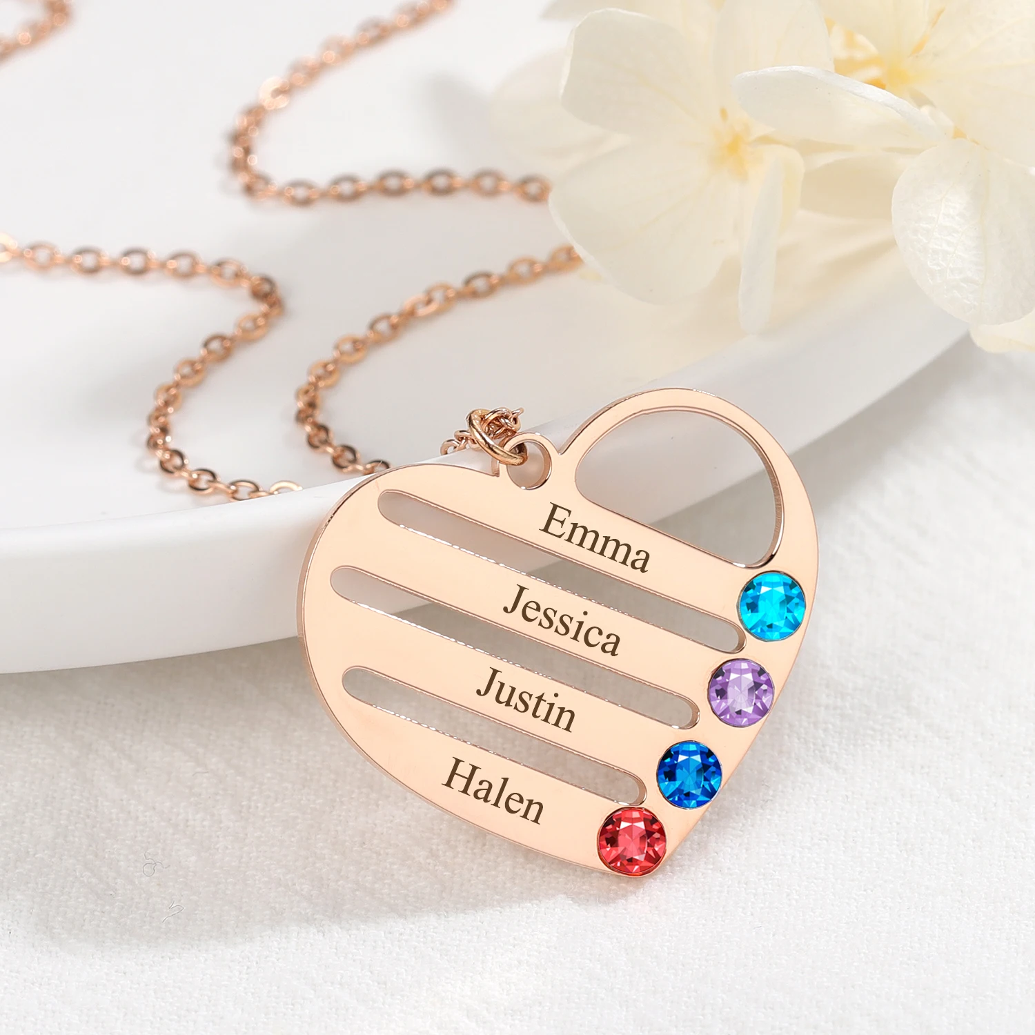 Personalized Birthstone Necklaces Engrave Heart Pendant Gift For Women - Image 3