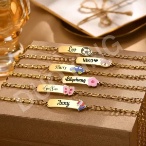 Personalized Kids Bracelet Enamel Charms Adjustable Bar Bangles Jewelry