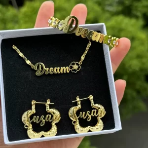 DUOYING Custom Name Floral Set Birthstone Nameplate Necklace Zircon Cuff Bangles Flower Customized Letter Hoop Earrings For Kids