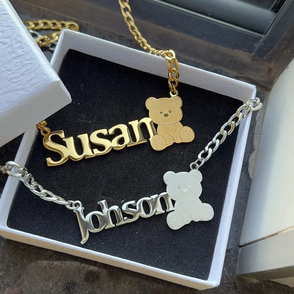 DUOYING Custom Nameplate Necklace Personalized Bear Pendant Letter Cuban Chain Big Necklace Stainless Steel Jewelry Gift - Image 5