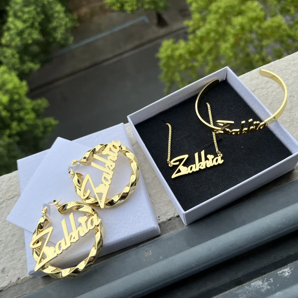DUOYING Custom Nameplate Jewelry Set For Adult Personalized Dainty Name Necklace Stainless Steel 50mm Earrings ID Cuff Bangles - Image 3