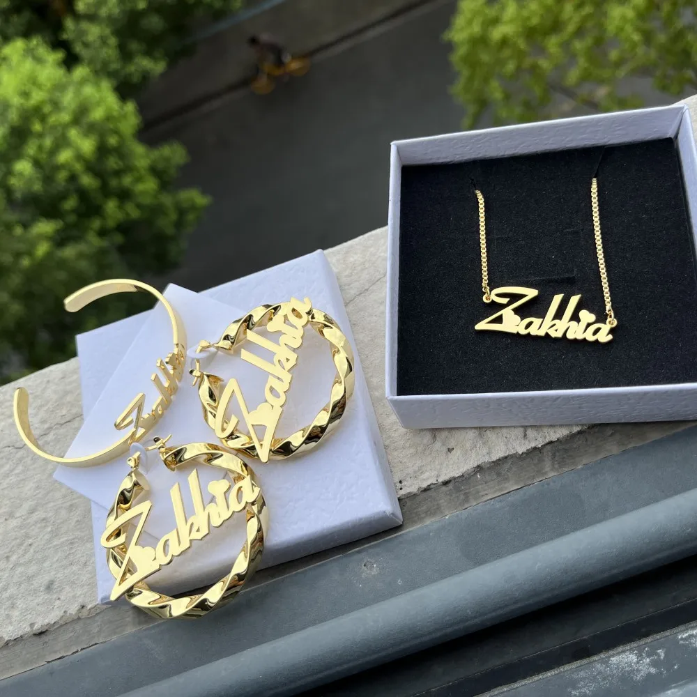 DUOYING Custom Nameplate Jewelry Set For Adult Personalized Dainty Name Necklace Stainless Steel 50mm Earrings ID Cuff Bangles - Image 4