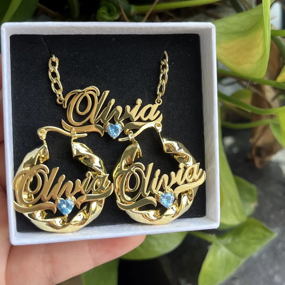 DUOYING Custom Birthstone Jewelry Set Persoanlized Nameplate Pendant Necklace 30mm Hoop Earrings Gold For Women Jewelry Gift